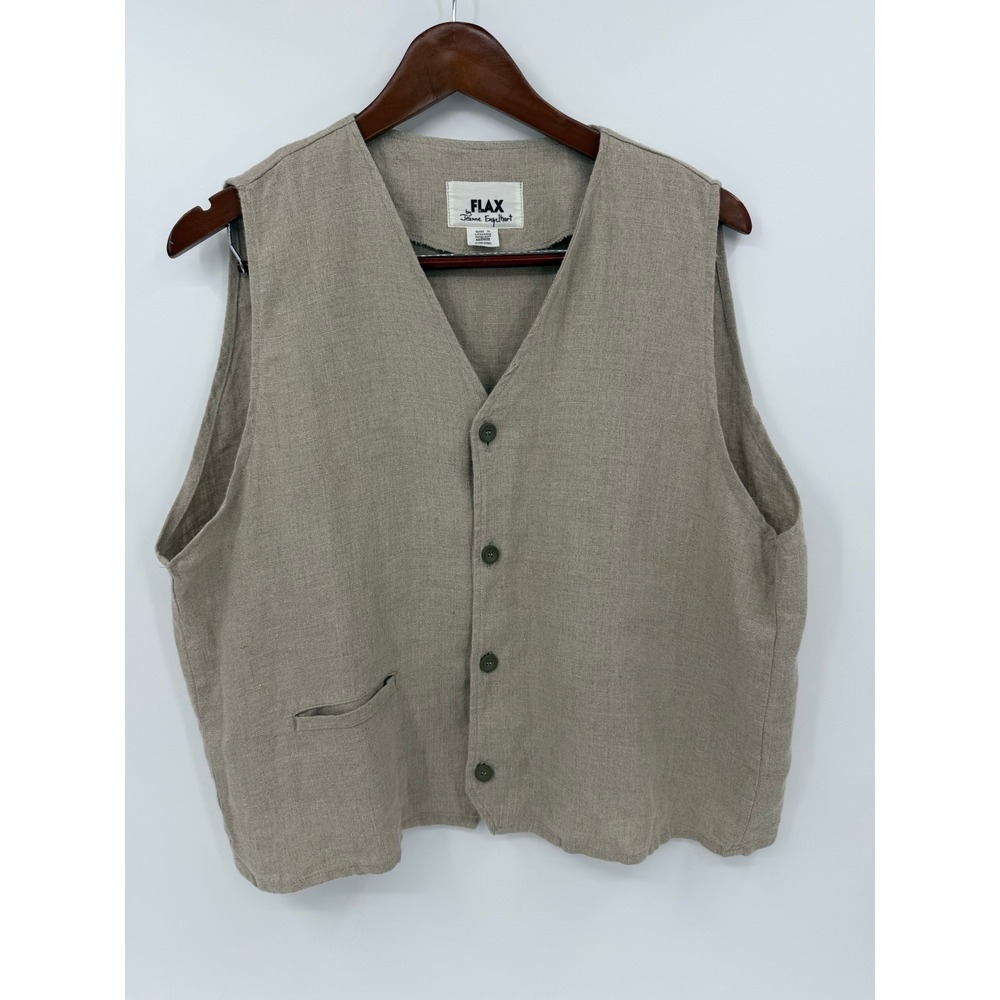 Flax by Jeanne Engelhart Linen Vest Oatmeal Beige Button Front Medium